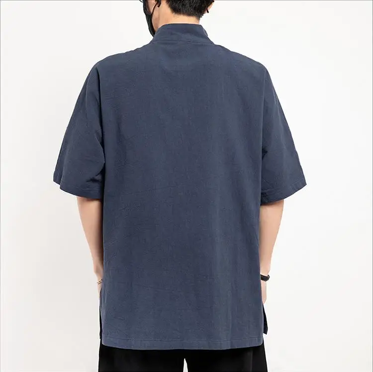 Stand-up Collar Button Hanfu Cotton And Linen Half-sleeved T-shirt