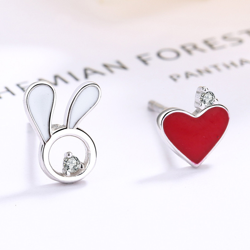 S925 Sterling Silver Asymmetric Love Rabbit Earrings
