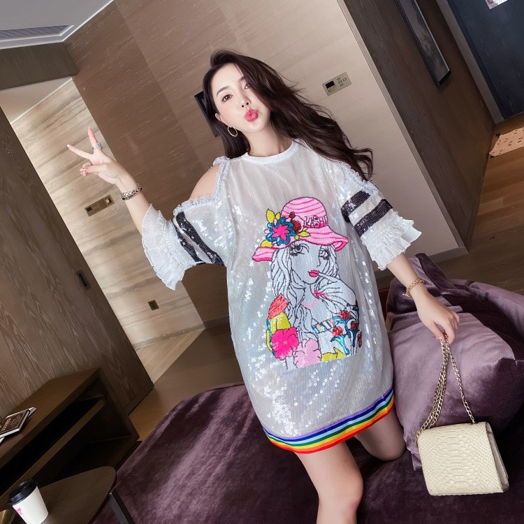 Women's White Half Sleeve Cartoon Sequin Strapless T-shirt