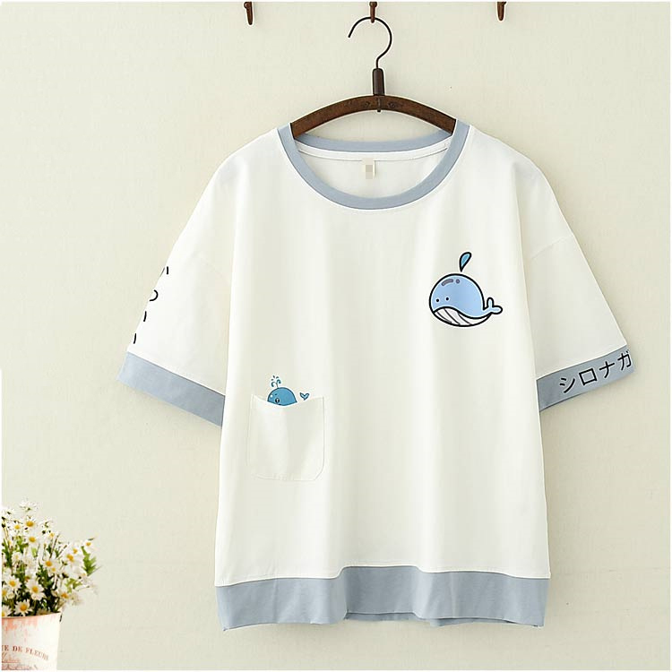 College Style Cute Whale Print Short-sleeved T-shirt Student Girl T-shirt Korean Top