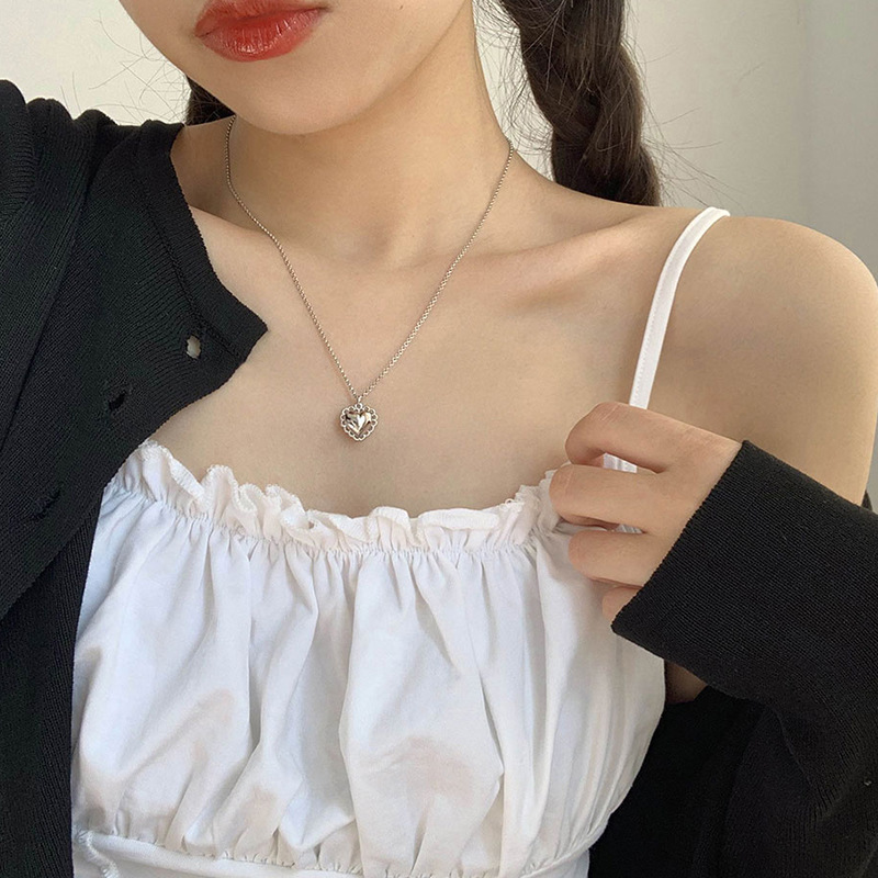 Lace Love Heart Sterling Silver Necklace Female Peach Heart Clavicle Chain