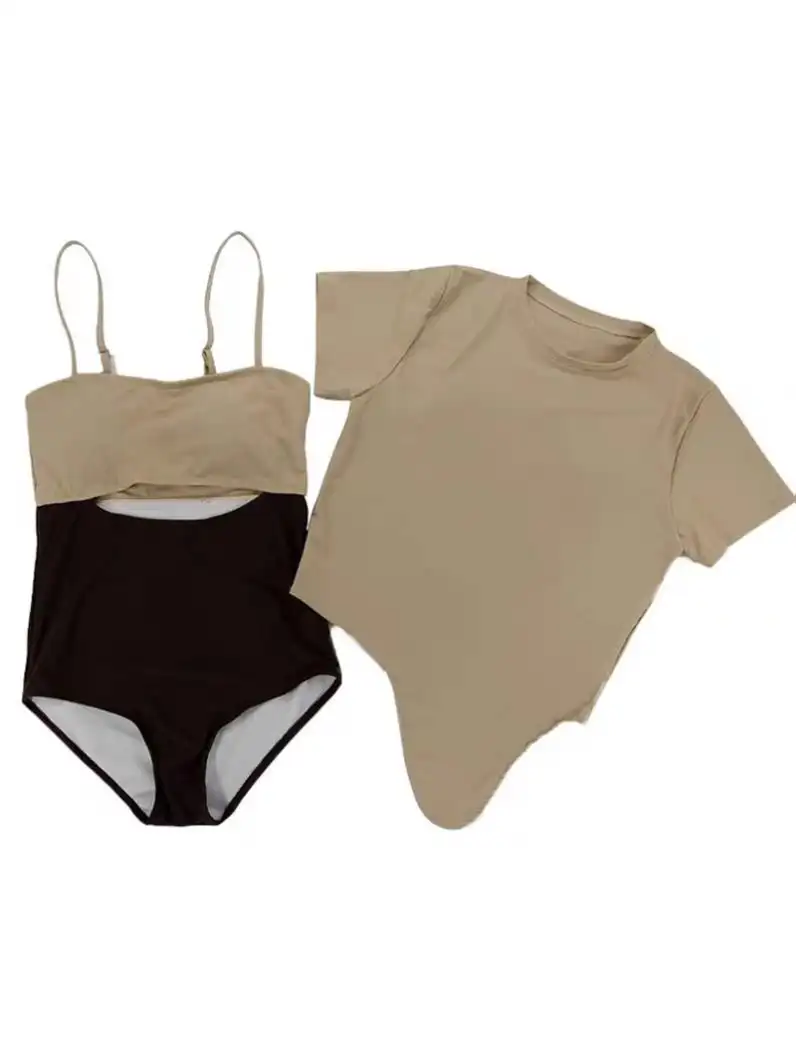 Two-Piece Swimsuit with Short Sleeve Cover-Up Top and High-Waisted Bottom
