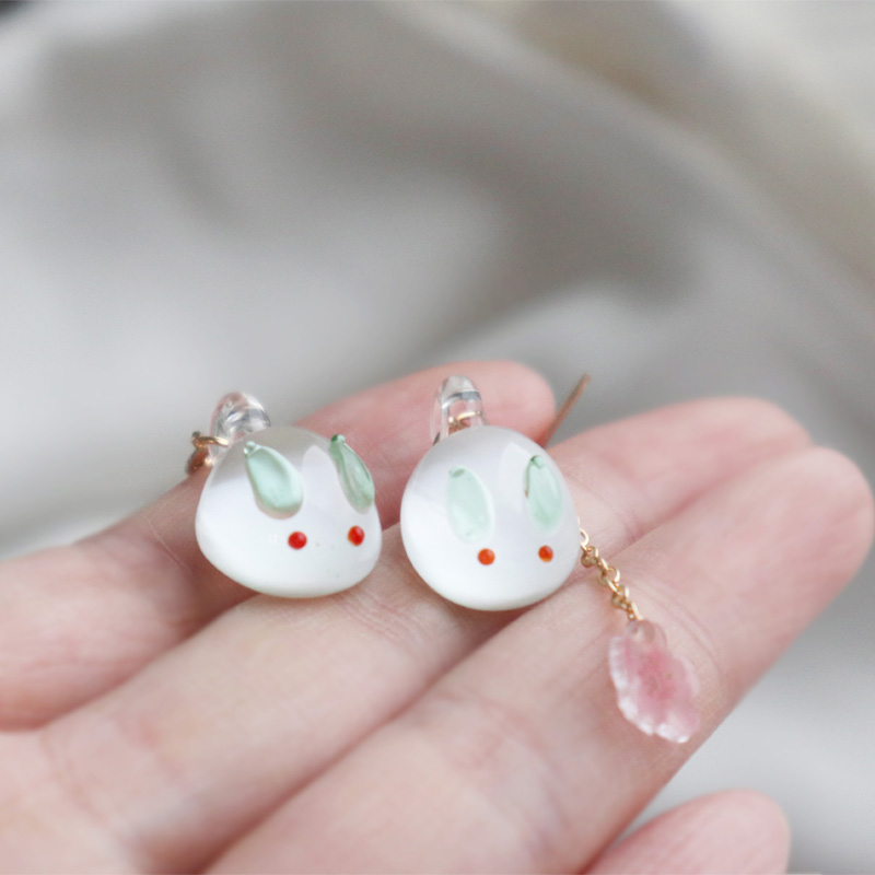 Japanese Style Glazed Rabbit Cherry Blossom Earrings