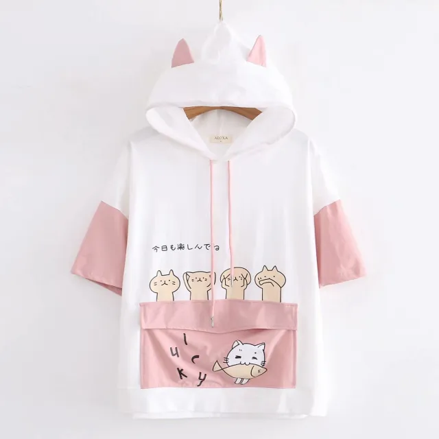 Summer New Style Japanese Soft Girl Girl Wind Cute Cat Sweet Strawberry Drawstring Ears Hooded Short sleeved Sweater Women G - Shop at LoveMi