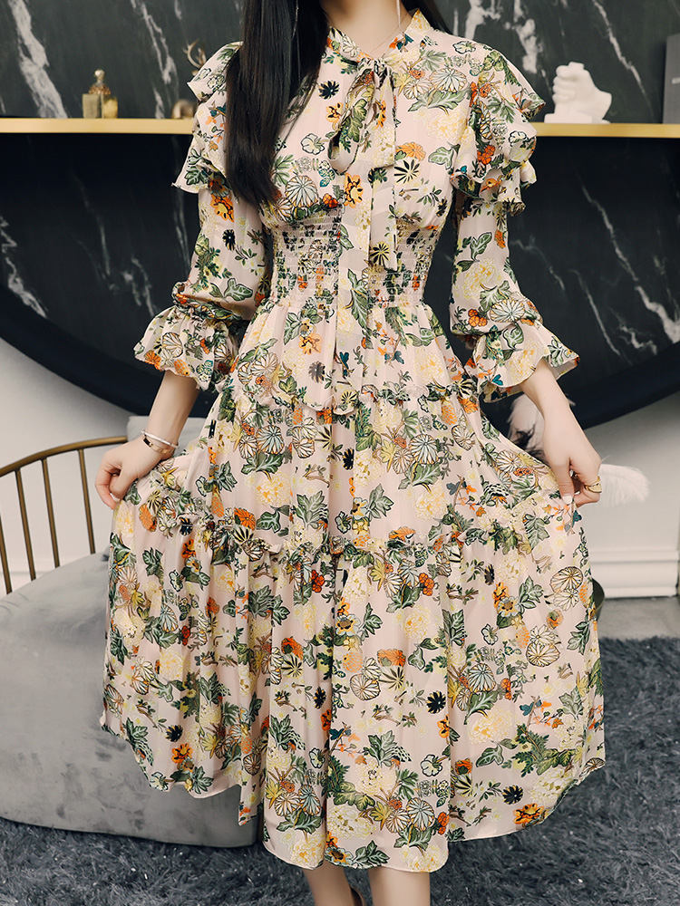 Printed Platycodon French Waist Dress