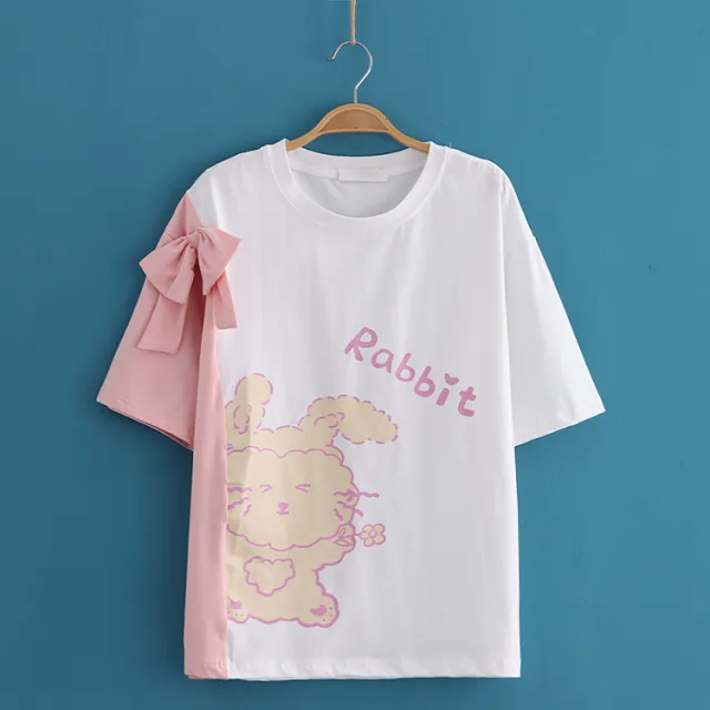 Japanese Mori Girl Summer New Style Small Girl Sweet Cute Rabbit Print Stitching Color Short Sleeve Pink - Shop at LoveMi