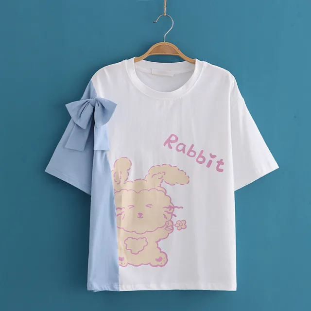Japanese Mori Girl Summer New Style Small Girl Sweet Cute Rabbit Print Stitching Color Short Sleeve Blue - Shop at LoveMi
