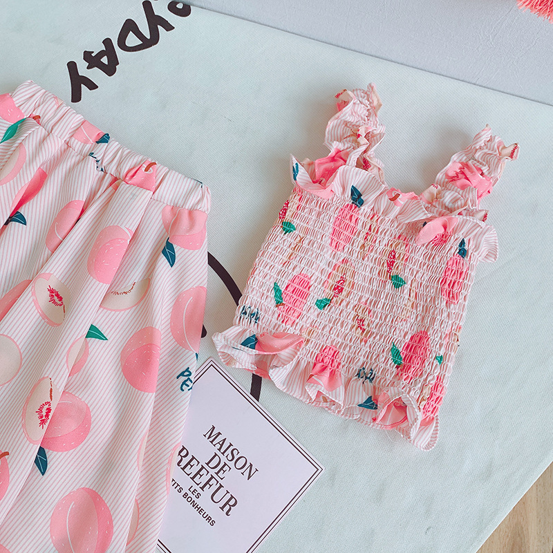 Girls' Fruit Print Elastic Sling Top And High Waist Long Skirt Two Piece Suit