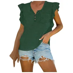 Ladies Fashion Solid Colour Sleeveless Button Collar Ruffle Top Vest - Green - View 1