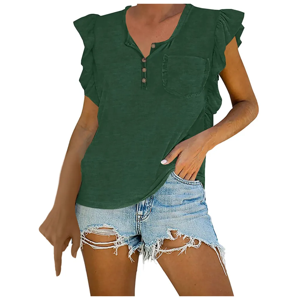 Ladies Fashion Solid Color Sleeveless Button Collar Ruffle Top Vest - Green
