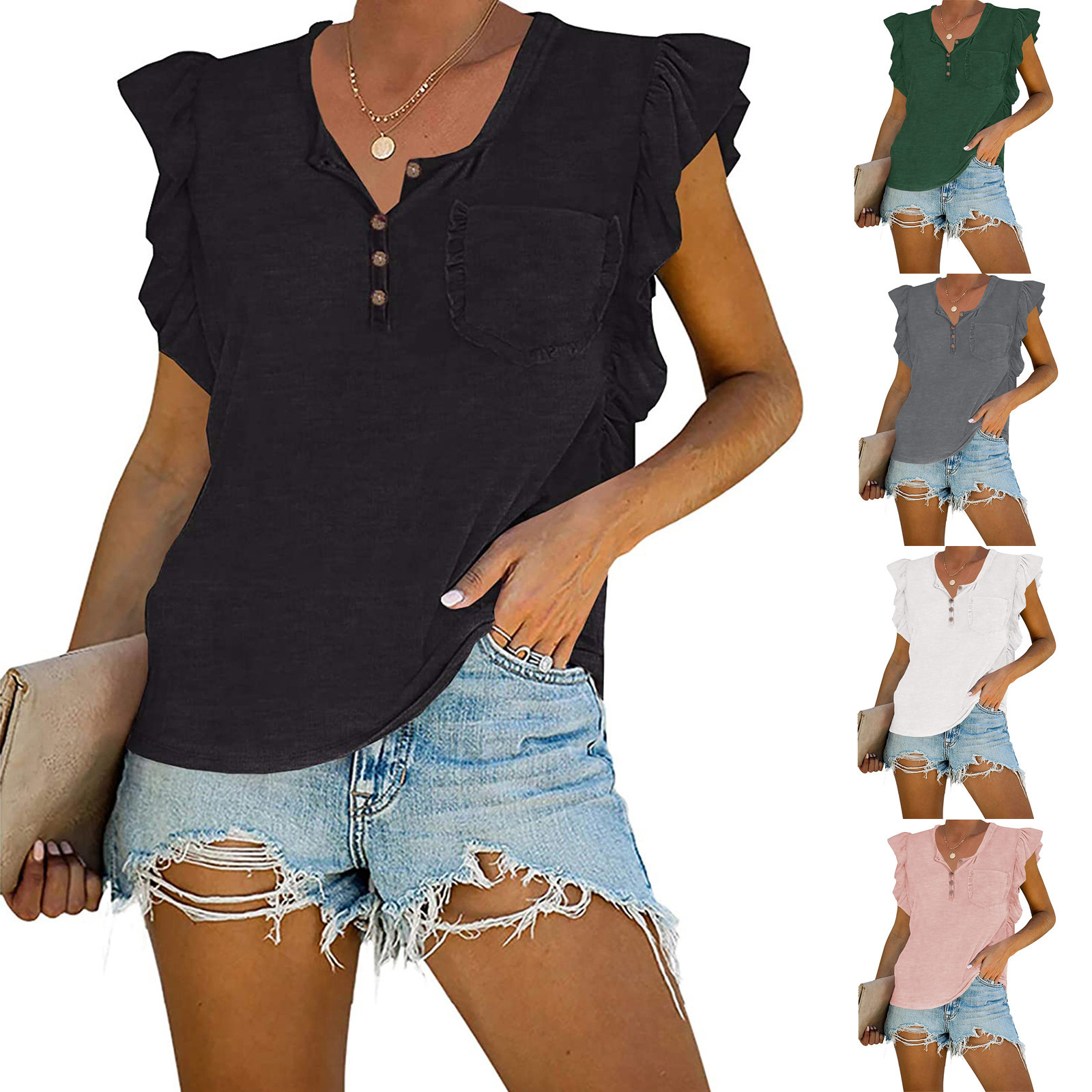 Ladies Fashion Solid Color Sleeveless Button Collar Ruffle Top Vest