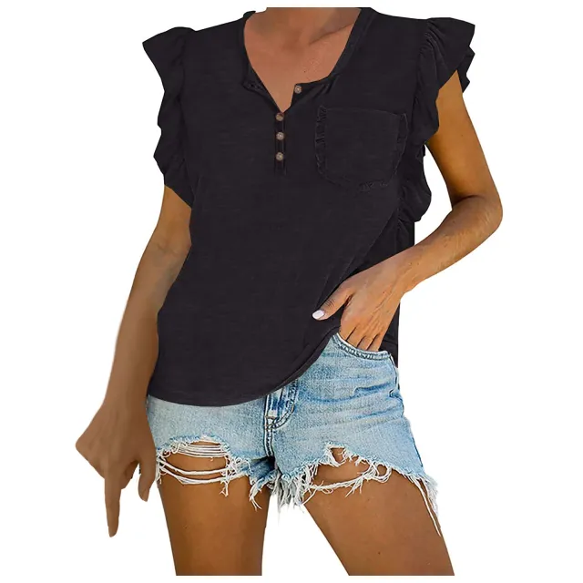 Ladies Fashion Solid Color Sleeveless Button Collar Ruffle Top Vest Black - Shop at LoveMi