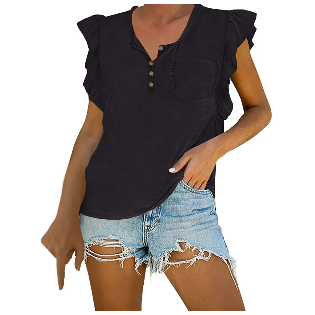 Ladies Fashion Solid Color Sleeveless Button Collar Ruffle Top Vest - Black