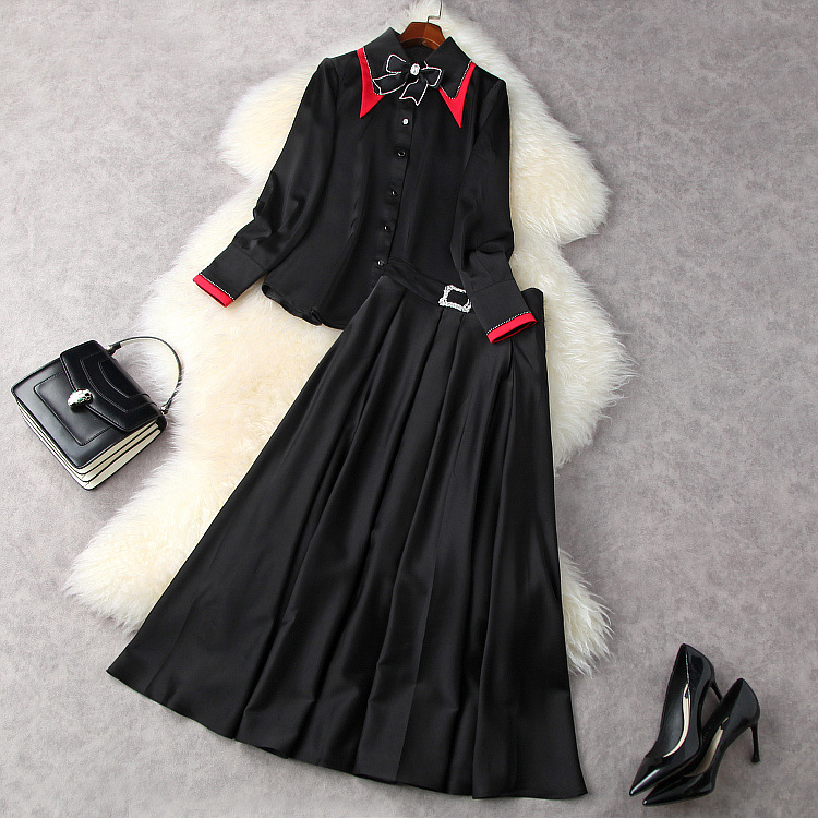  Spring And Summer Women's Diamond-studded Bow Loose Loose Slim Shirt Draped Mid-length Skirt Suit 11945