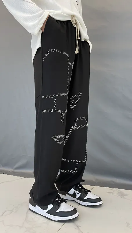Black Handmade Ancient Cloth Hand Stitch Irregular Stitching Straight Leg Pants Black - Shop at LoveMi