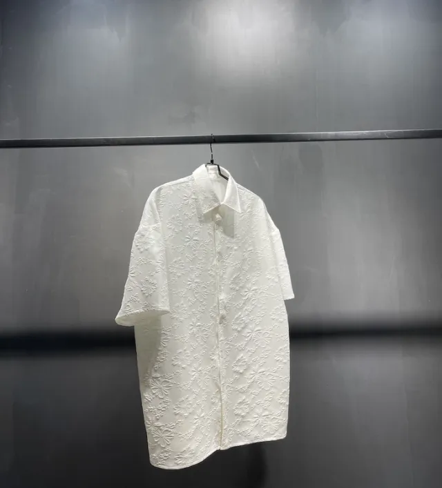 White Jacquard Flower Shirt Refreshing Cool Breathable Black Elastic Short Sleeve Wide Version Loose Version For Men And Women Couples White - Shop at LoveMi