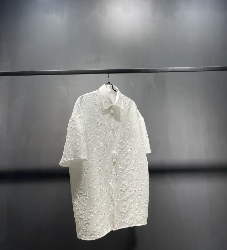 White Jacquard Flower Shirt Refreshing Cool Breathable Black Elastic Short Sleeve Wide Version Loose Version For Men And Women Couples - White