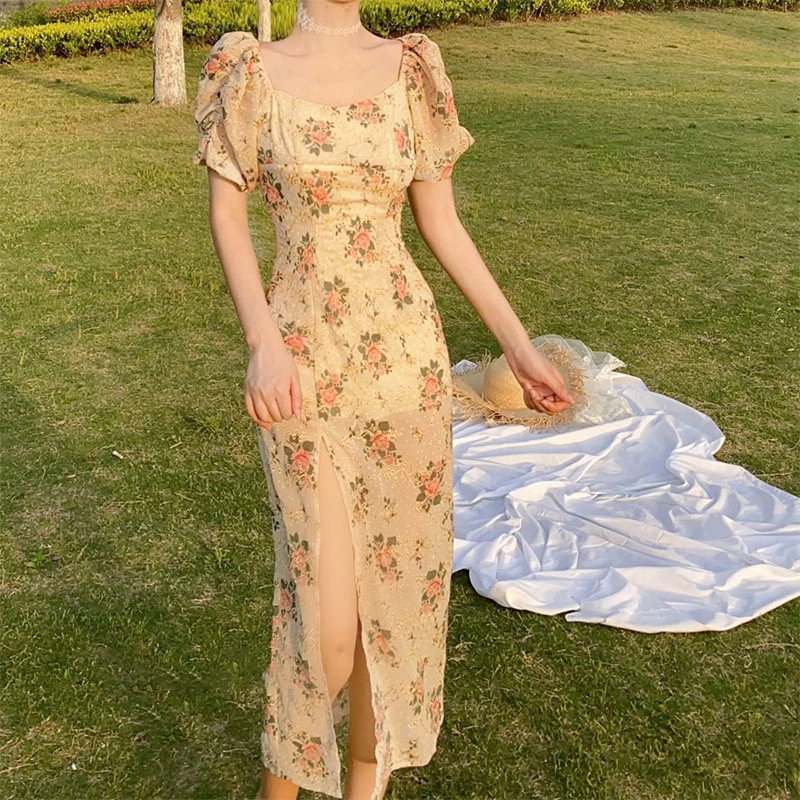Square-Neck Puff-Sleeve Dress