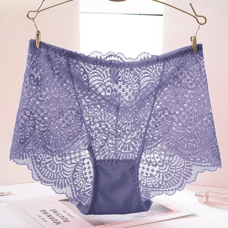 High-waisted Panties With Lace Trim And Hollow Briefs. Sexy Hot Ladies' Panties With Cotton Bottom Crotch