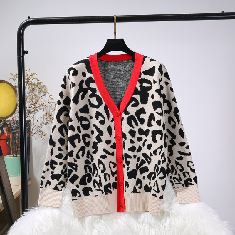 Sweater Jacket Women's Cardigan Loose Leopard Print Jacquard Double Thicken Knit