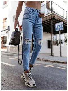 Ripped Washed Straight Leg Pants High Waist Denim Trousers - Blue - View 1