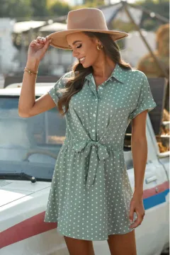 Spring And Summer Short Skirt Cotton Polka Dot Sydney Mid Waist Jumpsuit Women - Green - View 1