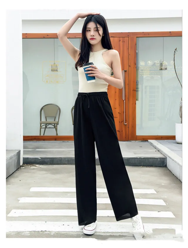 New Wide Leg Pants Women's Trousers High Waist Loose Slim Straight leg Pants Black - Shop at LoveMi