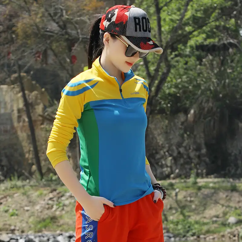 Outdoor Quick Drying Clothes Women's Long Sleeved Color-blocking Stand Up Collar T Shirt