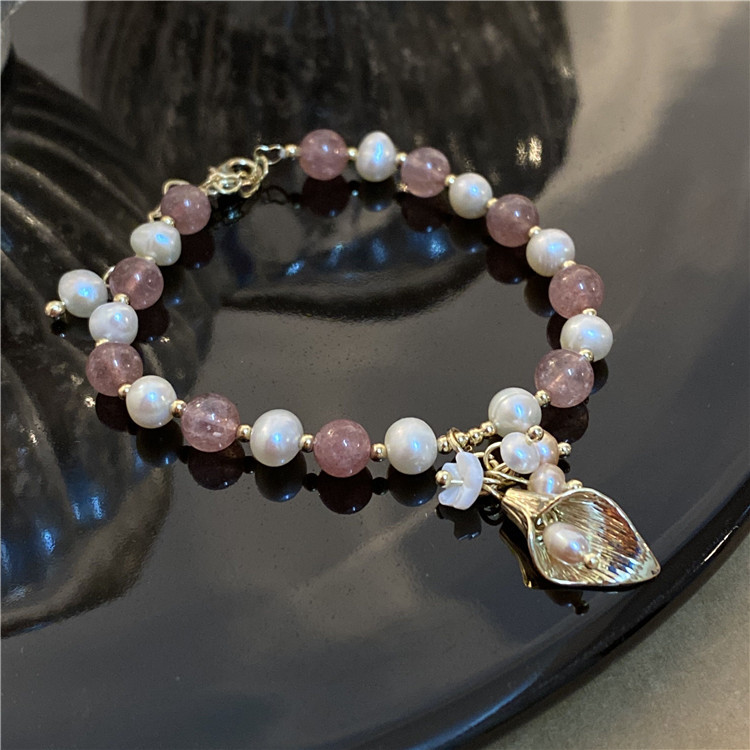Strawberry Crystal Interval Freshwater Pearl Bracelet Elegant Flower Pendant Super Fairy Bracelet
