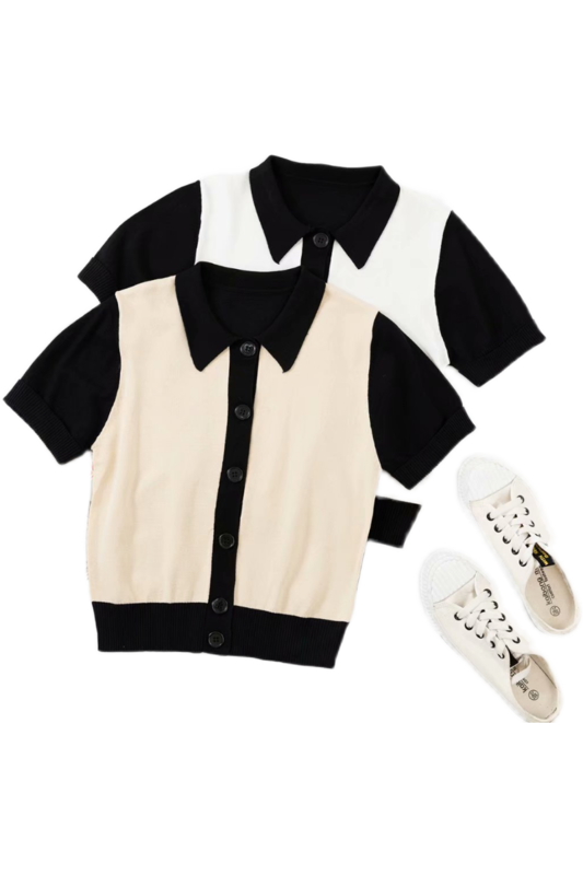 High Waist Short Umbilical Lapel Single-Breasted Stitching Contrast Short-Sleeved
