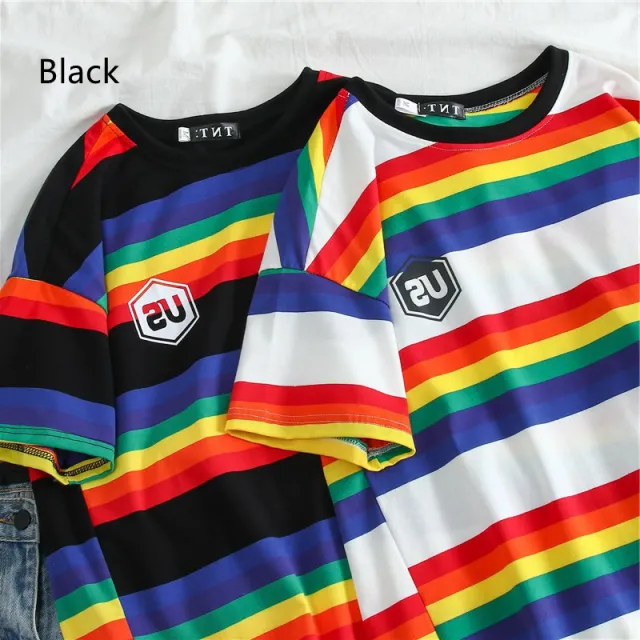 Korean Casual Round Neck Striped Loose Plus Size Student Casual Bottoming Shirt Black - Shop at LoveMi