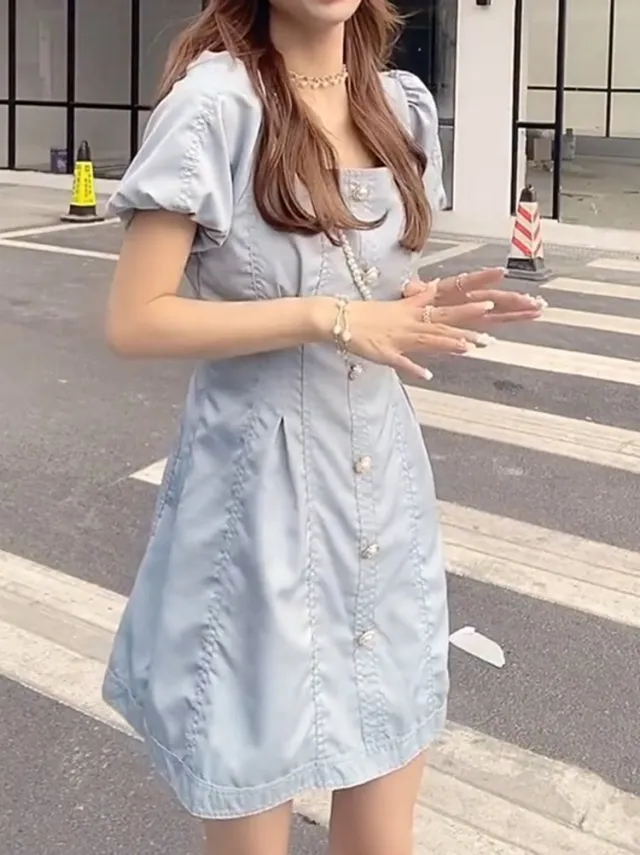 Bubble Sleeve French Minority A line Dress Summer Blue - Shop at LoveMi