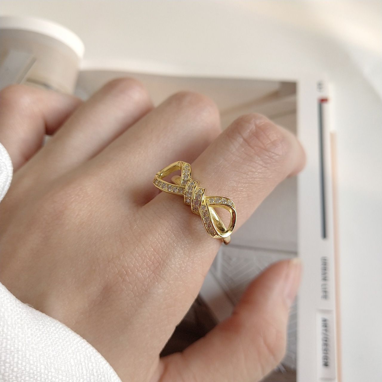 Chao Fu Cat Korea Korean Version 925 Sterling Silver Bow Ring Gold Ring Simple Wild Zircon Net Red French Ring