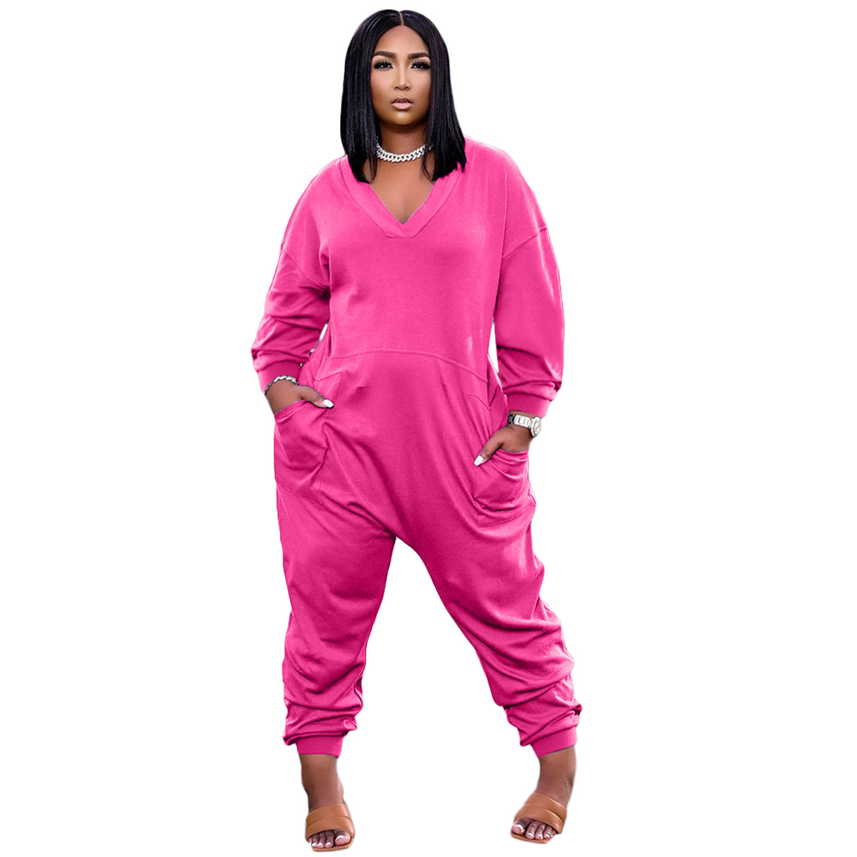 Pure Color V-neck Long-sleeved Trousers Casual Jumpsuit