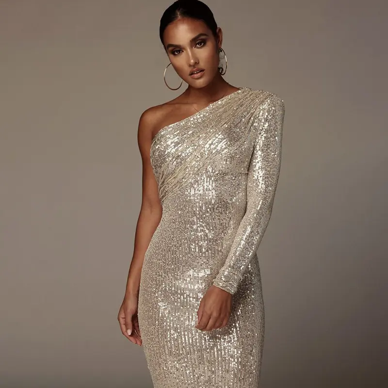 One-shoulder Dress Oblique Collar Wrapped Chest Evening Fashion Sequins