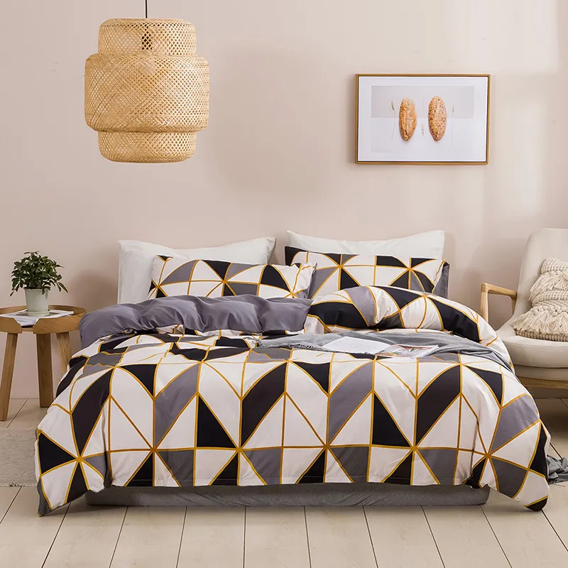 Simple Urban Geometric Plaid Printing Quilt Cover Threepiece Set - Pattern Gray