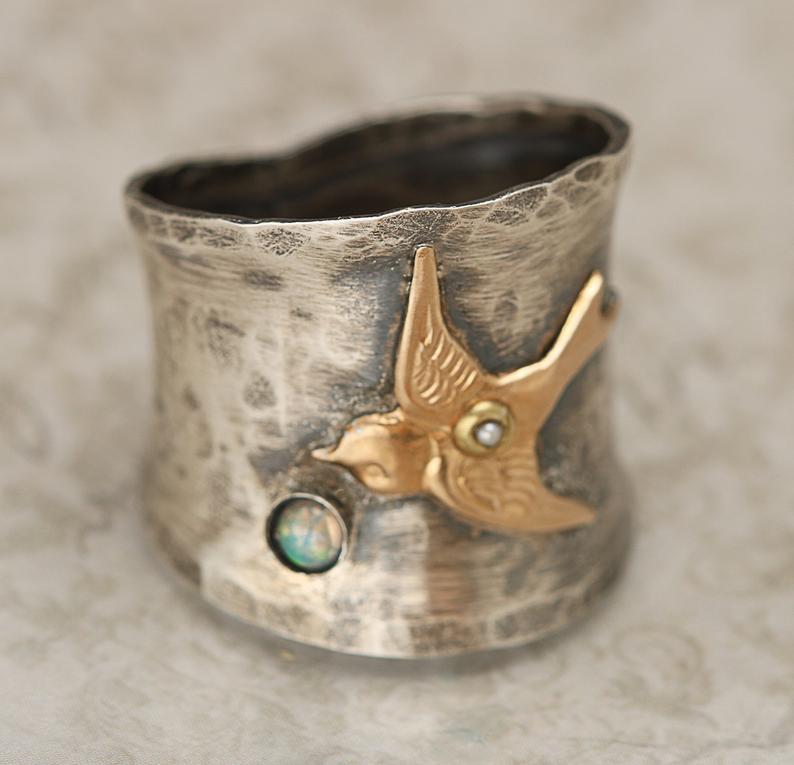 Simple Retro Gemstone Two-tone Bird Ring