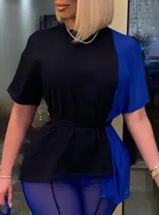 Two color Stitching Round Neck Pullover Short Sleeve Temperament Commuter Slim Fashion Women's Clothing Black Blue - Shop at LoveMi