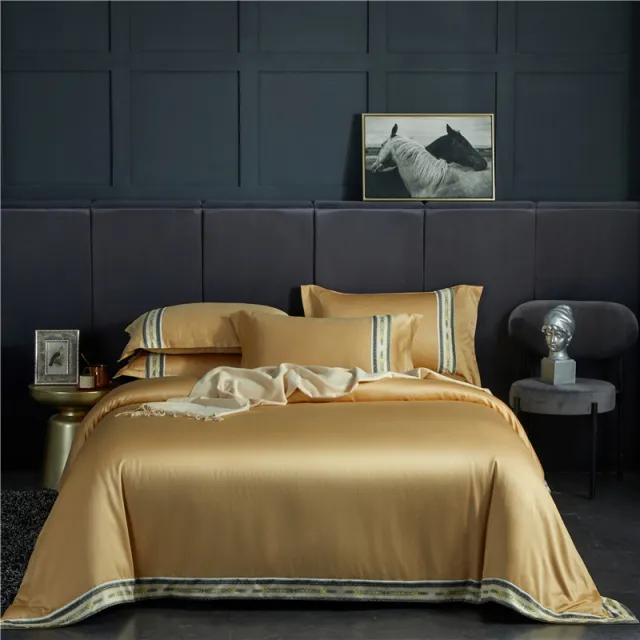 Four piece Set Of Washed Silk Satin Striped Sheets, Solid Color Ice Silk Jane Ou Silk Slippery Bed Linen Golden - Shop at LoveMi