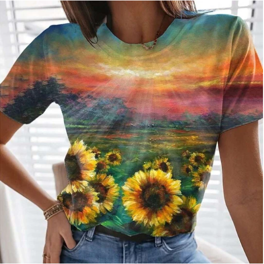 Landscape Floral Print Round Neck Short-sleeved T-shirt