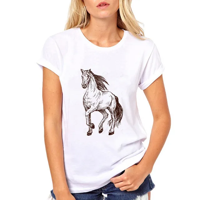 A Horse Round Neck European And American Short Sleeves White - Shop at LoveMi
