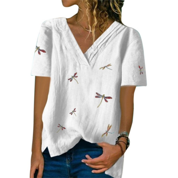 Title 4, Dragonfly Print Fashion V-neck Short-sleeved Shirt