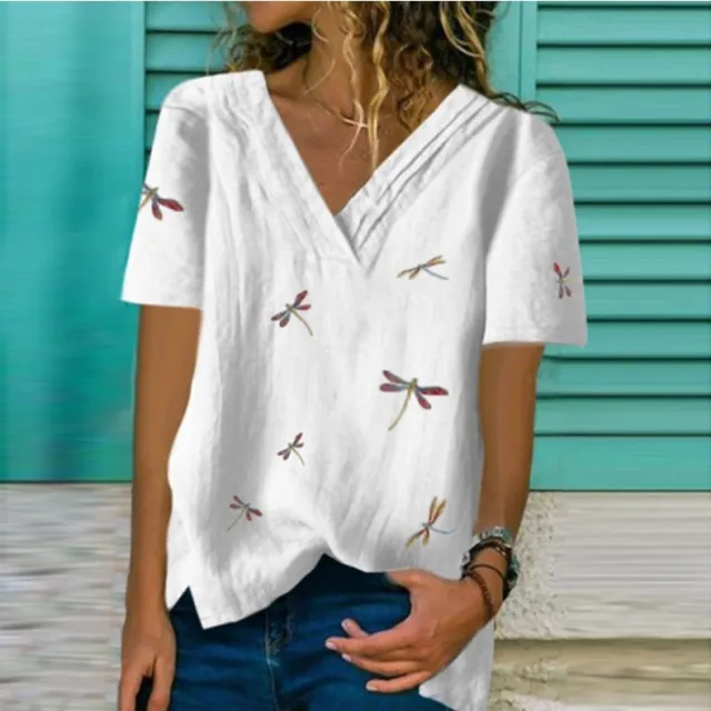 Dragonfly Print Fashion V neck Short sleeved Shirt White - Shop at LoveMi