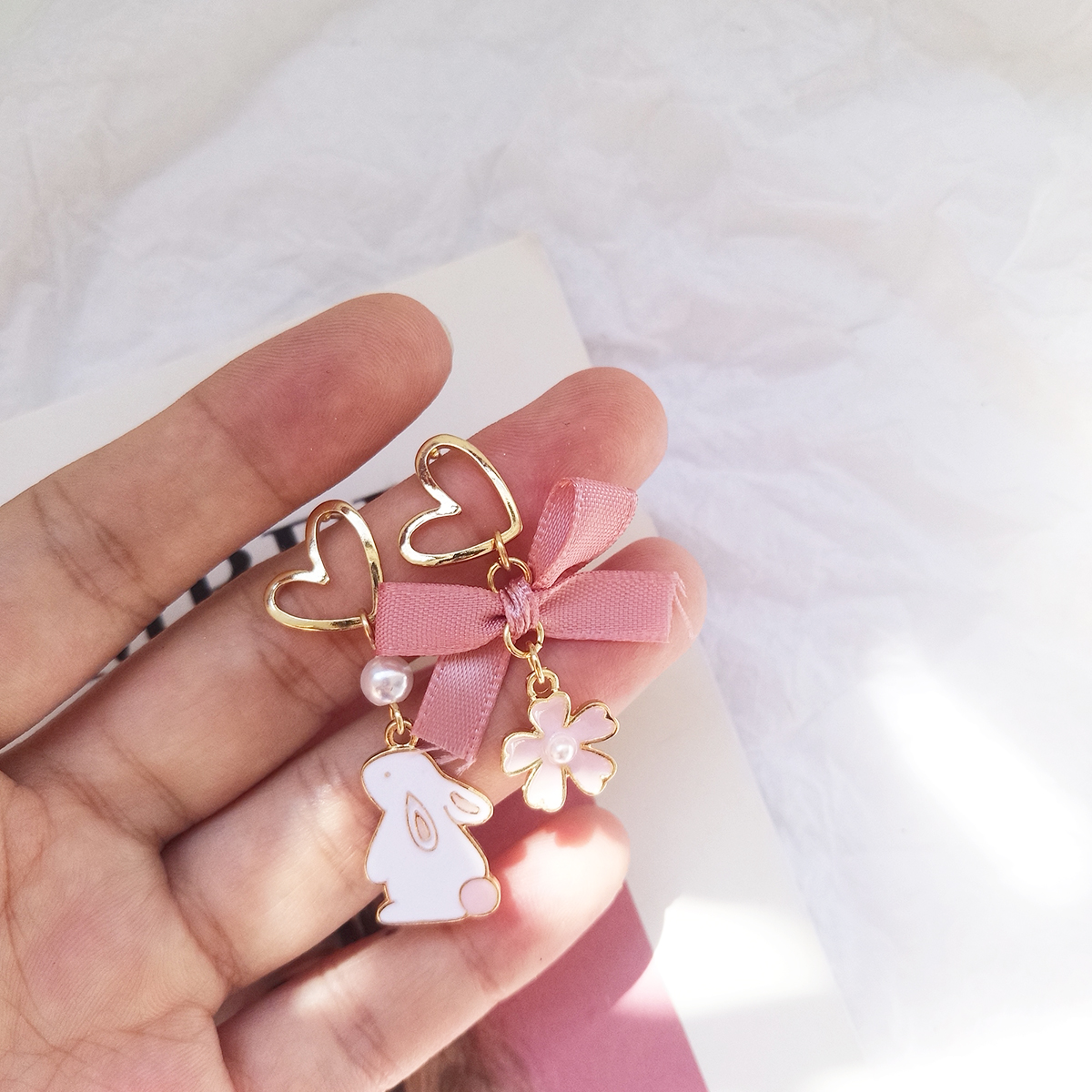 Lovely Hand-made Asymmetric Bow Flower Earrings