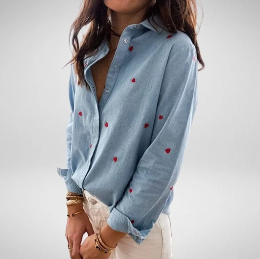Love Lapel Button Long Sleeve Ladies Shirt