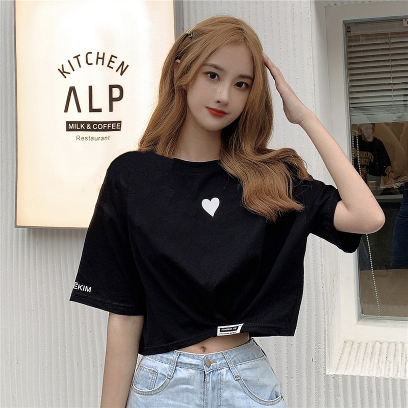 Cross border New Summer Short sleeved T Shirt Women's Design Sense, Short High Waist Crop Top, Fashionable Loose Women's Clothing Black - Shop at LoveMi