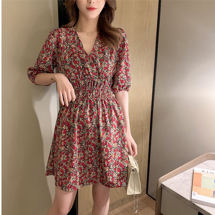 Romantic V-neck Waist Floral Dress