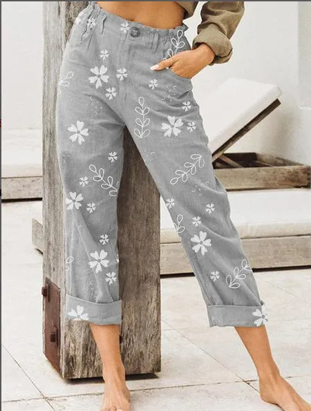 Women's Printed Straight leg Casual Pants Cropped Trousers Grey - Shop at LoveMi