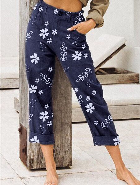 Women's Printed Straight-leg Casual Pants Cropped Trousers