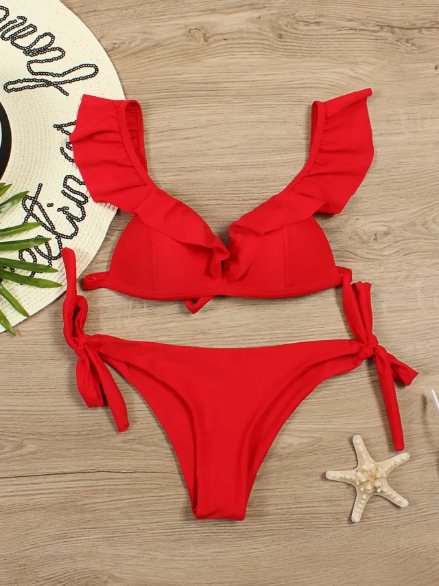 Pure Color Split Flashing Bikini European And American Sexy Lace Swimsuit Red - Shop at LoveMi